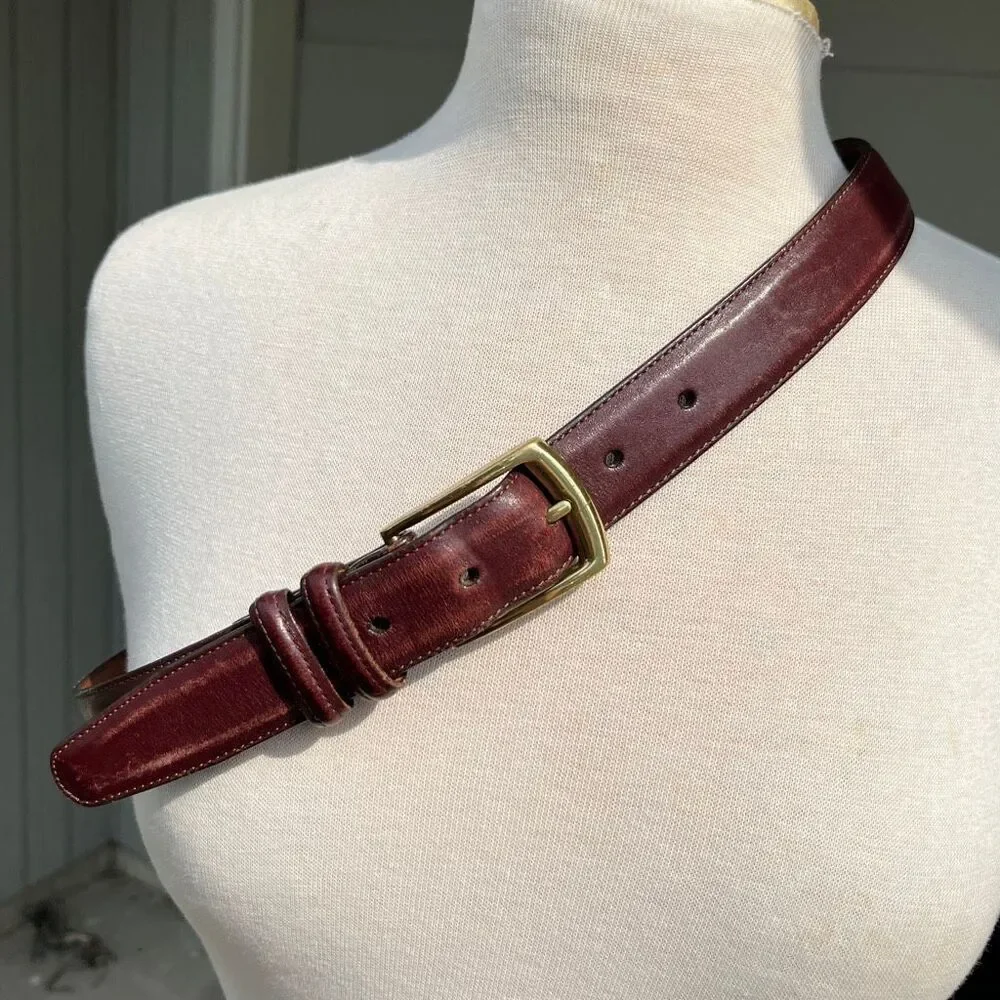 VTG Lands End Leather Belt 34 Oxblood Burgundy Brass Buckle Made USA Preppy